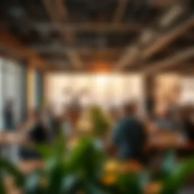 Collaboration and Networking in Dubai's Coworking Spaces A panoramic view of a bustling coworking community with collaborative spaces