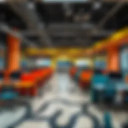 Modern coworking space interior design showcasing vibrant workstations