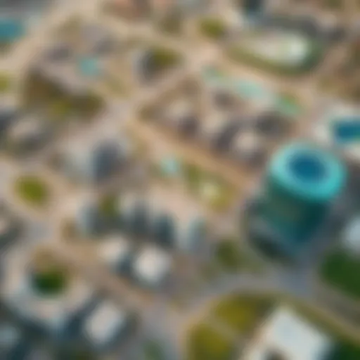 Aerial view of Motor City showcasing its vibrant layout and green spaces