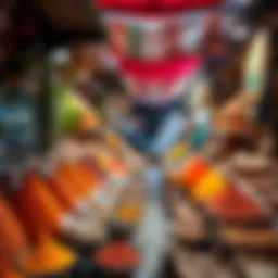 A vibrant spice market bustling with colorful spices and herbs