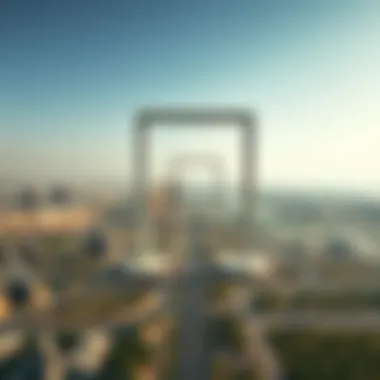 Aerial View of Dubai Frame and Urban Area Aerial view showcasing the Dubai Frame and surrounding urban landscape